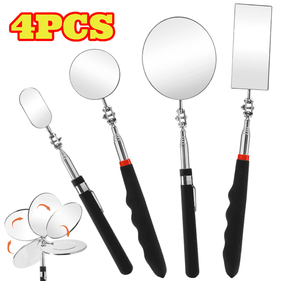 4pcs Telescoping Inspection Mirror, Round and Rectangular Flexible Inspection Mirror for Observing Vehicle Small Details, Extends Up to 25 inch, 360 Swivel