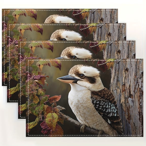 4pcs Themed Kookaburra & Gum Tree Placemats - Realistic Bird & Eucalyptus Leaf Table Mats for Dining, Kitchen,Parties - 12x18 Inch Hand Washable -Like Surface Protectors
