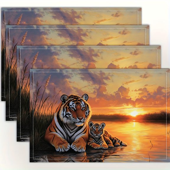 4pcs Tiger Family Sunset Placemats - Washable Linen Table Mats with Majestic Orange & Black Tiger Design, Perfect for Home Kitchen & Dining Decor, 12x18 Inch, Kitchen Table Decor | Sunset Theme Decor