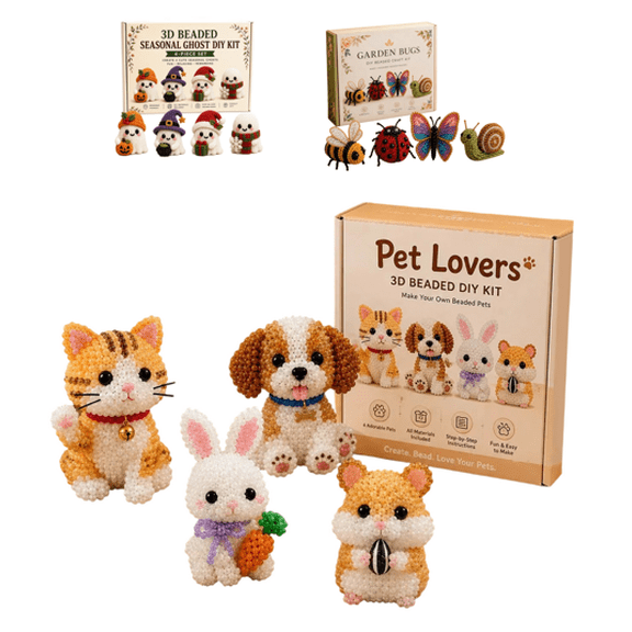 4pcs Tiny 3D Beaded Animal DIY Kit, Cat Dog Rabbit Squirrel Glass Seed Bead Set, Cute Handmade Pet Crafts for Adults Teens Beginners Stress Relief Desk Decor