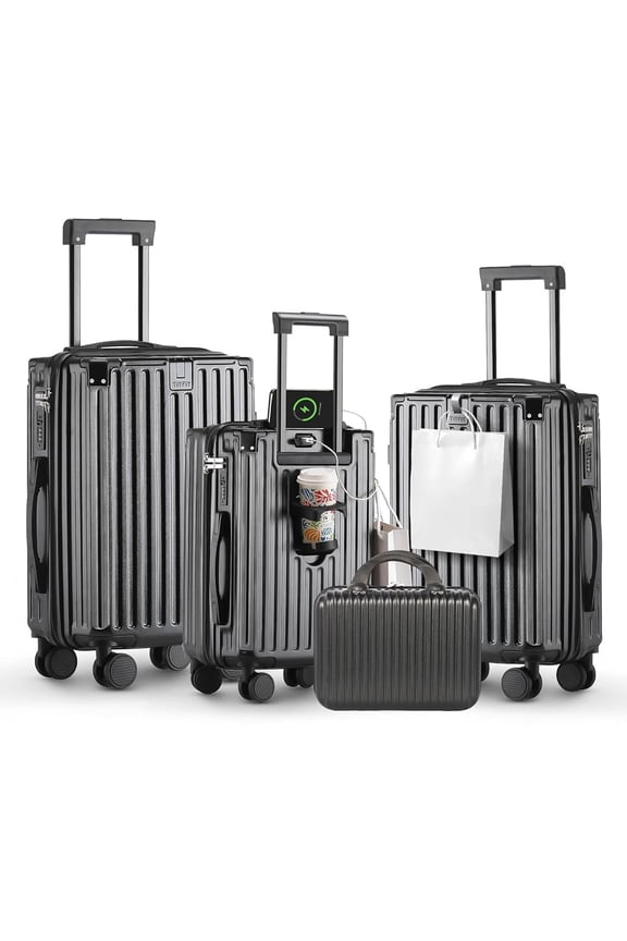 4pcs Travel Luggage Set With Cup Holder suitcase set with usb port TSA Lock ABS+PC Material Suitcase
