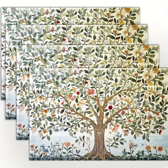 4pcs Tree of Life Topic Placemats, Suitable for Dining, Flax Table Mats with Botanical Print, Square Reusable Table Protectors, Hand Wash Only, Patterns for Home Decor (12x18 Inch)