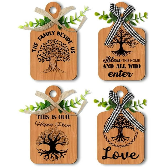 4pcs Tree of Life Wood Sign Wall Decor Eat Wooden Cutting Board Sign Farmhouse Tiered Tray with Hemp Rope Wall Art Rustic Hanging Wall Decor for Home Kitchen Dining Living Room Bar Cafe Colorful