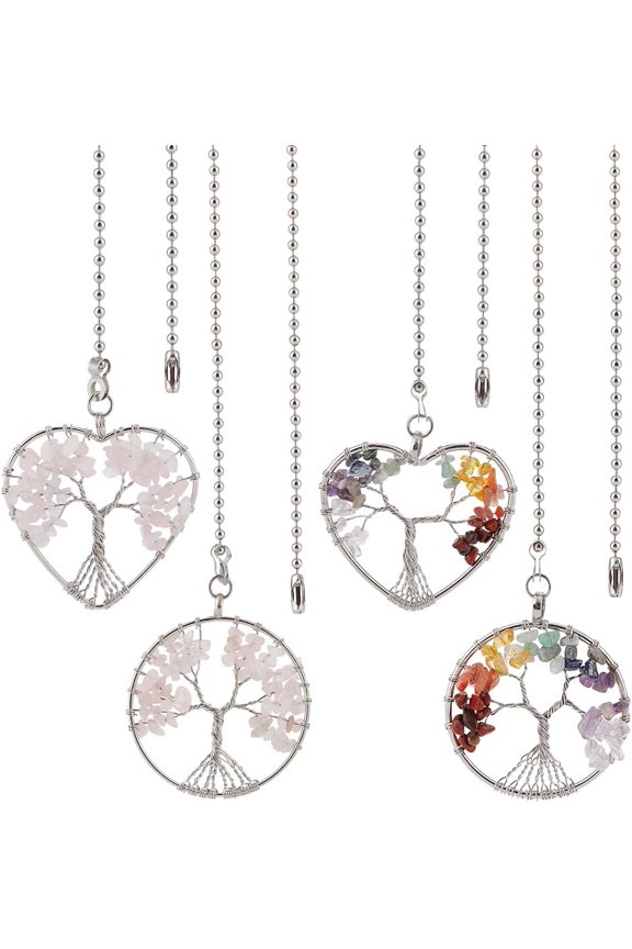 4pcs Tree of Life Alloy & Chakra Gemtsone Charms Ceiling Fan Pull Chain Extenders with Iron Ball Chain 355mm 4pcs/set