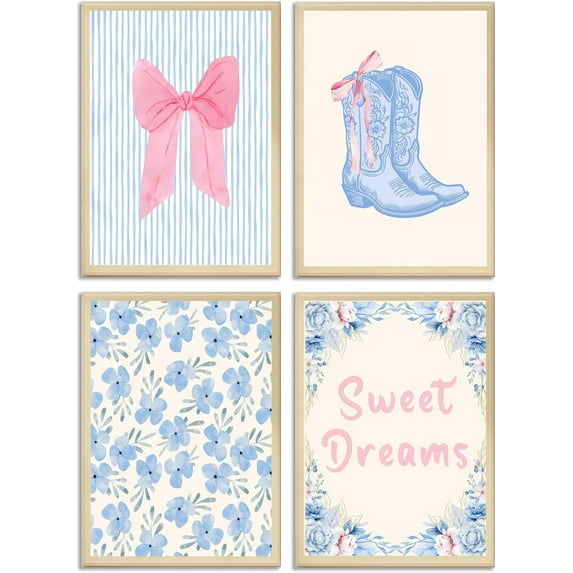 4pcs Trendy Preppy Wall Art Pink Bow Boots Blue And White Stripes pictures wall decor Sweet Dreams Blue Flowers Posters Prints Artwork for Home Bedroom Dorm Home Decration Unframed