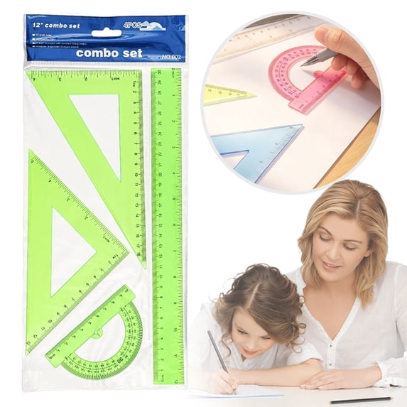 4pcs Triangular Ruler Set, 30cm Plastic Geometric Protractor Drafting Ruler Kit