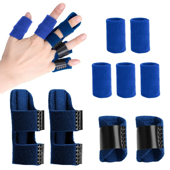 4pcs Trigger Finger Splints and 5pcs Finger Sleeves, 2 Sizes Pain Relief Finger Stabilizer Brace Finger Straightener Immobilization Splint for Broken Sprained Swollen Fingers (Blue)
