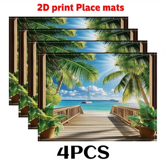 4pcs Tropical Island Place mats (2D print)Palm trees by the seaside 12X18in-Modern Table Decorative Pad for Kitchen DINING DECORATION, Spring/Summer Themes, Home Dining Setup, Seasonal Tableware