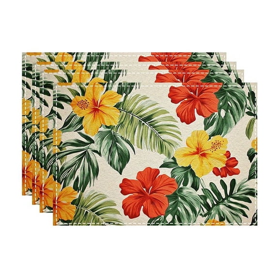 4pcs Tropical Palm Leaf & Flower Pattern Placemats - Machine Washable Heat-Resistant Rectangular Table Mats for Kitchen Dining Party Decor, Vibrant Hibiscus Design, Casual Tableware
