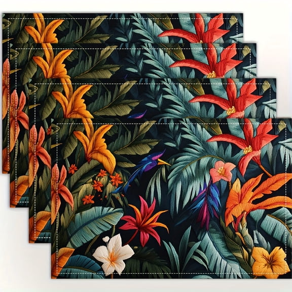 4pcs, Tropical Paradise Hawaiian Birds of Paradise Illustration Placemats, Fashion Print Pattern Table Mat, for Dining Table, Kitchen, Party, Indoor, Holiday, Dinner Parties And Home Decor