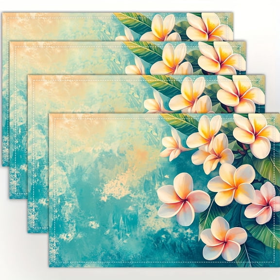 4pcs, Tropical Paradise Hawaiian Plumeria Illustration placemats, fashion print pattern table mat, for dining table, kitchen, party, indoor, holiday, dinner parties and home decor (table mats)