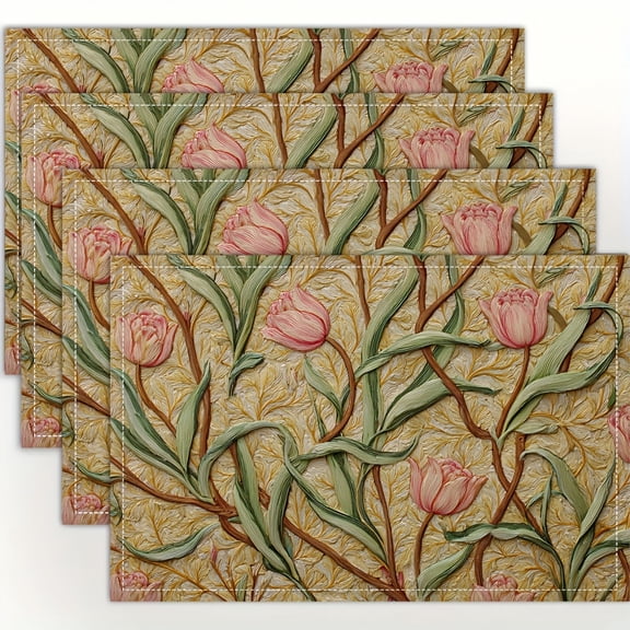 4pcs, Tulip and Willow Printed Placemats, Fashion Print Pattern Table Mat, for Dining Table, Kitchen, Party, Indoor, Holiday, Dinner Parties and Home Decor (table Mats) 12x18 Inch