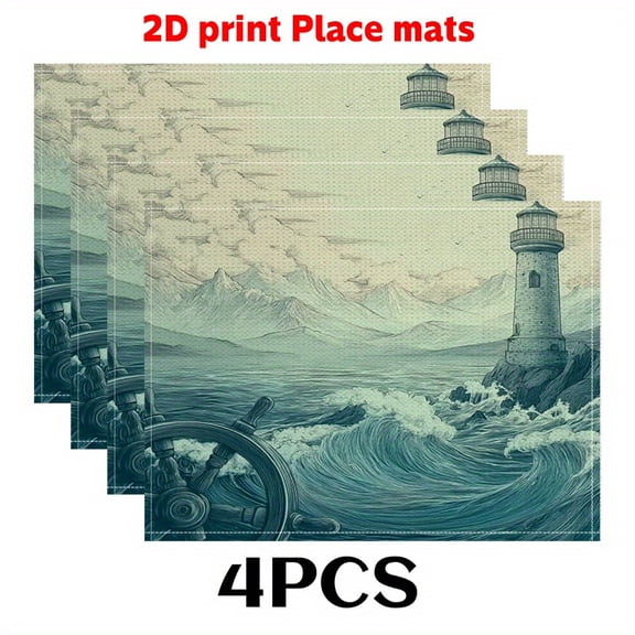 4pcs Turbulent sea surface Placemats (2D print)Lighthouse and Storm 12X18in-Simple Table Cover for Modern DINING DECORATION, Kitchens, Festive Dining Decor, Lighthouse Design, Stormy Sea Print