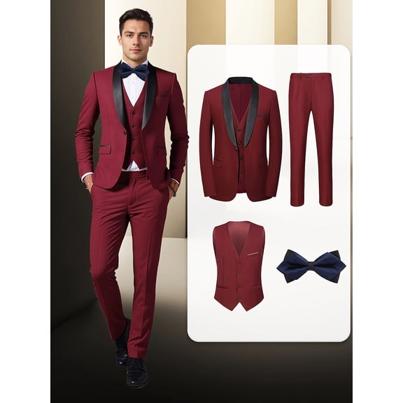 [4pcs Tuxedo Suit] 4pcs Men's Tuxedo Suit | Single Breasted One Button Vest Pants Bow Tie Shawl Collar Flap Pockets for Wedding Party Groom Groomsmen Formal Attire