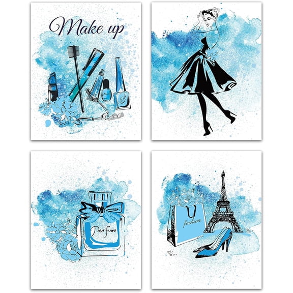 4pcs Unframed Blue Fashion Women Canvas Wall Art Print High Heels Eiffel Tower Perfume Makeup Home Decor Modern Artwork for Dressing Room Bedroom Bathroom Home Girls Gift 8 x 10inch