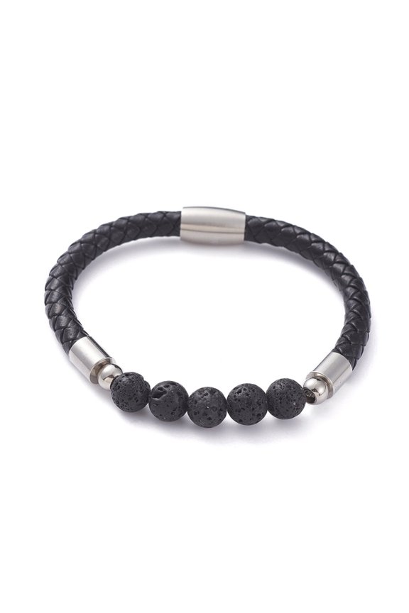 4pcs Unisex Leather Cord Bracelets with Natural Lava Rock Round Beads 304 Stainless Steel Magnetic Clasps and Rondelle Beads with Cardboard Packing box 8-1/8 inch(20.5cm)