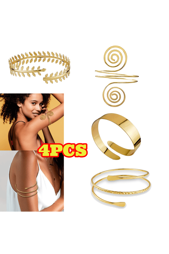4pcs Upper Arm Bracelet Cuff Bangle, Gold Coil Arm Cuff Bracelets for Women, Wave Chunky Bangle