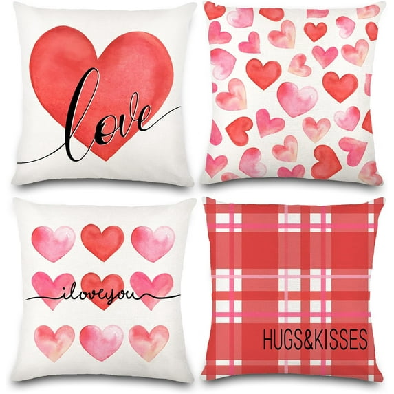 4pcs Valentines Day Pillow Covers 18 x 18 Inch Love Heart Pillow Cushion Cases for Valentines Day Decor Throw Pillow Covers for Couch Sofa Home