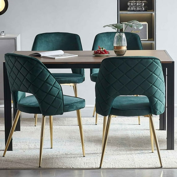 4pcs Velvet Upholstered Dining Chairs with Gold Metal Legs and Hollow Back, Modern Accent Parsons Diner Chair with Metal Legs and Padded Seat, Suitable for Dining Room, Office, Restaurant, Dark Green
