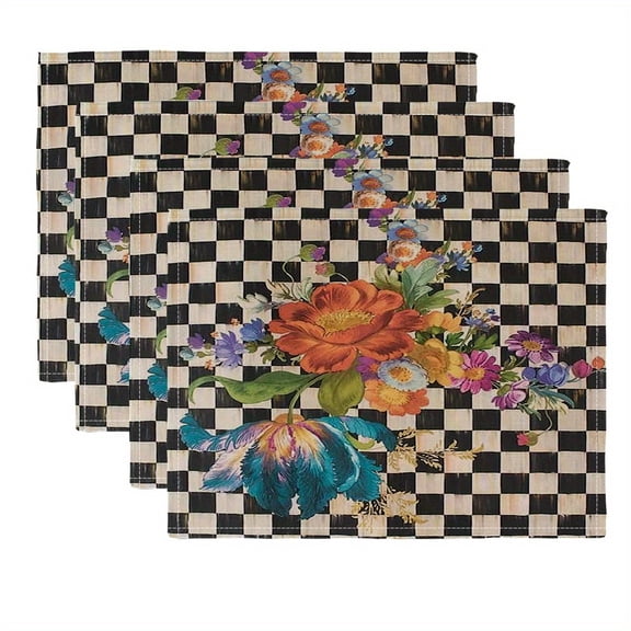 4pcs Vibrant Floral & Buffalo Plaid Placemats | Checkered Border, Machine Washable, Perfect for Farmhouse Kitchen, Parties, and Picnics - Numbered Print Design, Picnic Tableware
