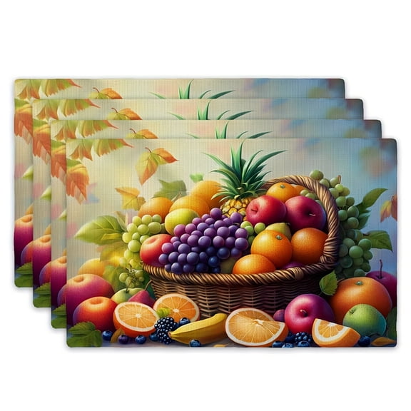 4pcs Vibrant Fruit Pattern Table Mats - Colorful Polyester Rectangular Placemats with Grapes, Apples, Oranges, and Pineapple Design, 12x18 Inches - Ideal for Dining Tables, Kitchen, Parties