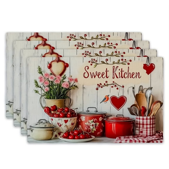 4pcs Vibrant, Heat-Resistant and Easy to Clean Rectangular Placemats- Thin- Early Summer Sweet Kitchen Element Placemats, 12x18 Inches for Home and Holiday Events, Festive Table Mats