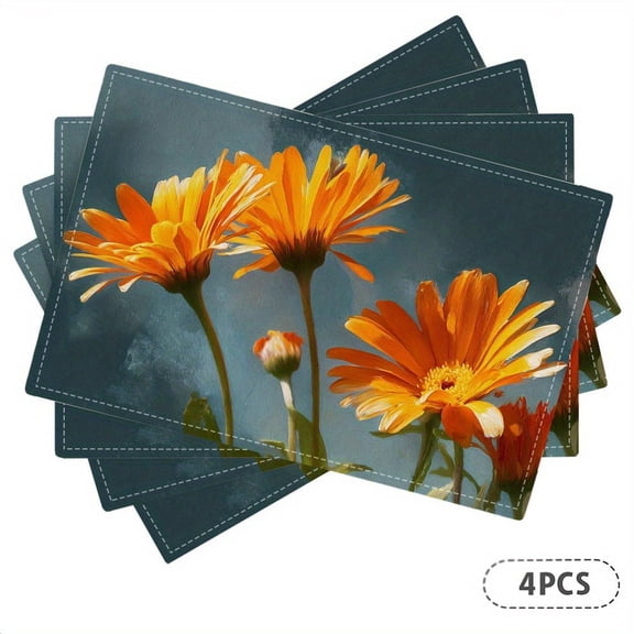 4pcs Vibrant Orange Daisy Placemats,fashion print pattern table mat,12x18 Inch - Washable Table Mats for Dining, Kitchen, Coffee Tables & Holiday Decor, Rectangular Design.