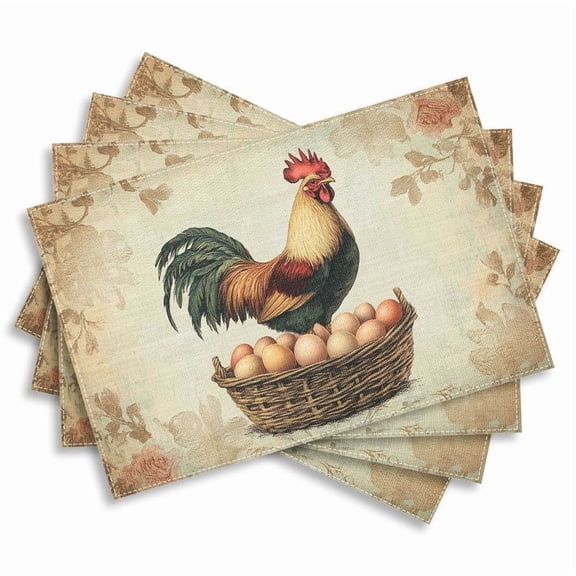 4pcs Victorian-Style Rooster & Barnable Placemats - Elegant Farmhouse Table Mats, Hand Washable Table Protectors Suitable for Holiday Parties, Kitchen & Dining Table Decor (12x18 Inch)