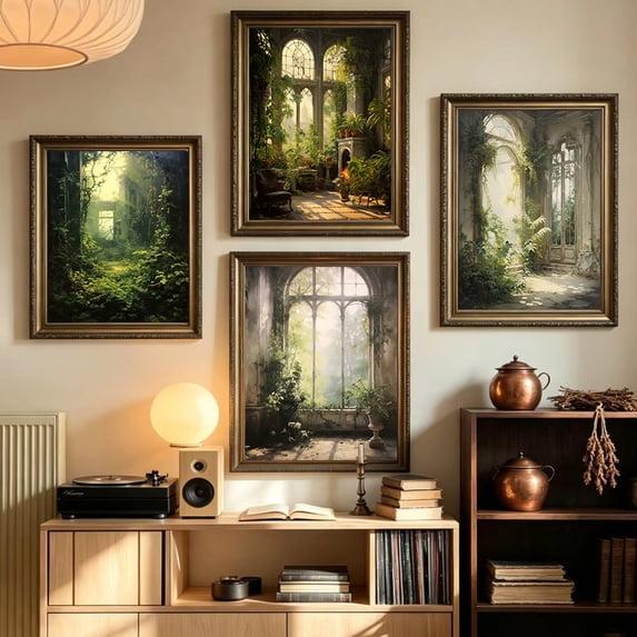 4pcs Vintage Arched Window Secret Garden Wall Art Canvas Print For Home Living Room Bedroom Corridor Decor Unframed