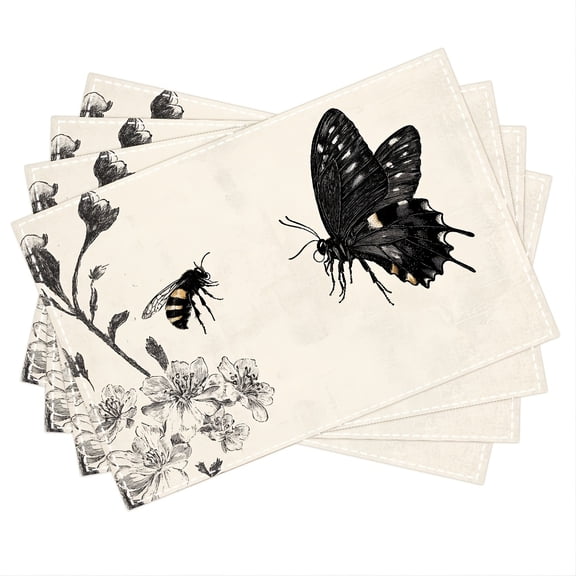 4pcs Vintage Butterfly and Bumblebee Linen Placemats, Rectangular Table Mats, Hand Washable, Fashion Print for Dining, Kitchen, Parties, Home Decor - 12x18 Inch
