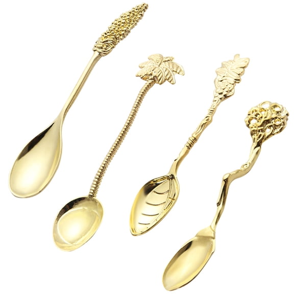 4pcs Vintage Dessert Coffee Spoon Kitchen Tableware Royal Style Coconut Tree Mixing Tea Spoon Carved Ice Cream Soup Scoops for Dinning Bar