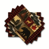 4pcs Vintage Forest Deer Scene Plaid Bear Cabin Pattern Table Mats Durable Washable Rustic Linen Vintage Placemats for Home Dinner Party Camping Wedding Table Decoration 12 x 18 inches