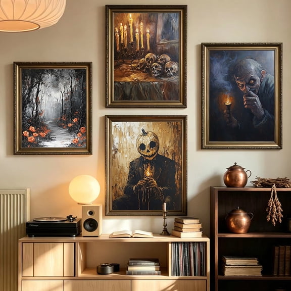 4pcs Vintage Halloween Canvas Poster Scary Skeleton Print For Home Living Room Corridor Bedroom Wall Decor Unframed