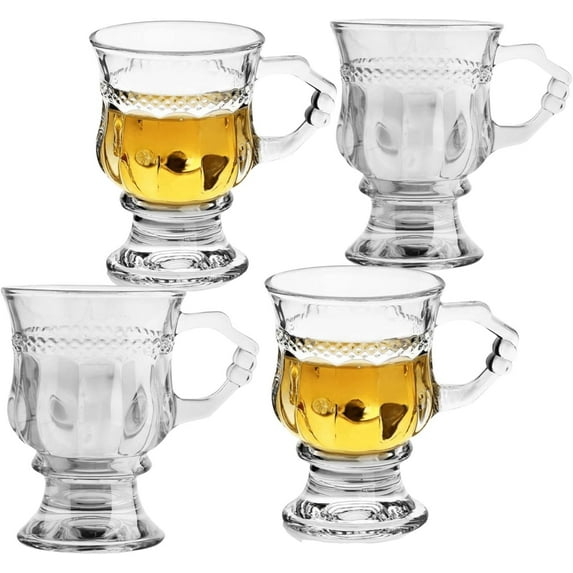 4pcs Vintage Irish Coffee Mugs, Crystal Clear Irish Coffee Glass with Handle, Footed Stem Base, Heat Resistant, Heavy Duty Cups for Hot Chocolate, Tea, Coffee