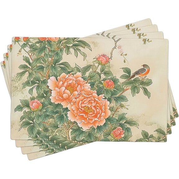4pcs Vintage Peony and Bird Pattern Linen Placemats,Linen Square Table Mats, Machine Washable, Country Style Chinese Design, Suitable for Dining Room, Kitchen, Coffee Table.. Size 12*18inch