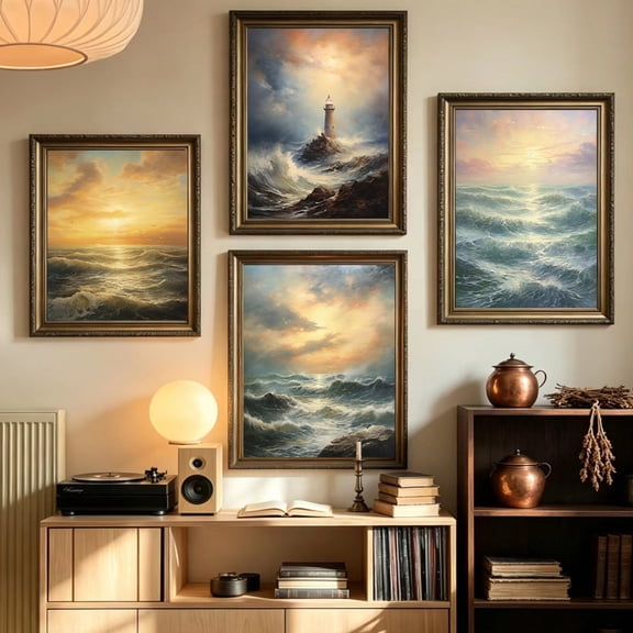 4pcs Vintage Seascape Wall Art Sunrise, Storm, Lighthouse Canvas Art Prints For Coastal Home Living Room Bedroom Decor Unframed