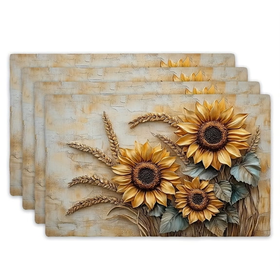 4pcs Vintage Sunflower & Wheat Pattern Placemats - Rustic Natural Style, Woven Polyester, Machine Washable - 12x18 Inches - Perfect for Dining Table