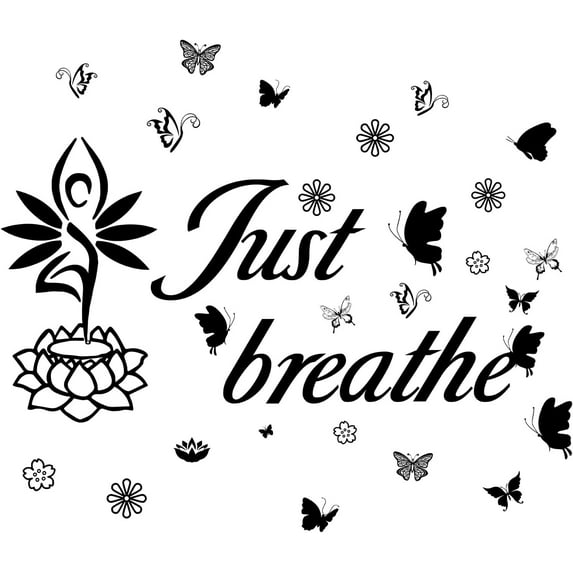 4pcs Vinyl Wall Decals Just Breathe Wall Stickers Quote Self-Adhesive Peel and Stick Mural Decoration for Bathroom Bedroom Living Room Kitchen Wardrobe Door Playroom Classroom Yoga Studio