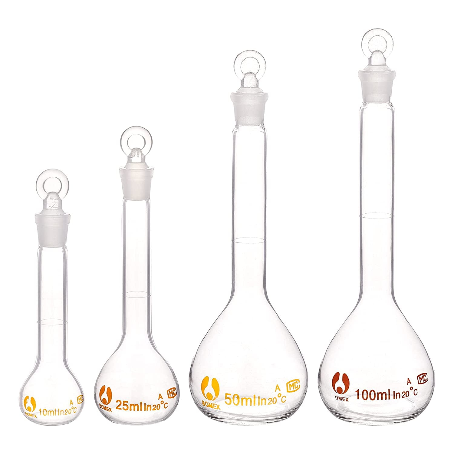 4pcs Volumetric Flask 10ml/25ml/50ml/100ml Volumetric Flask Set with