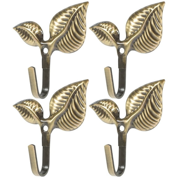 Retro Iron Hook 4Pcs Vintage Leaf Design Wall Hooks for Coats, Bags, Towels - Rustic Home Decor Golden Finish