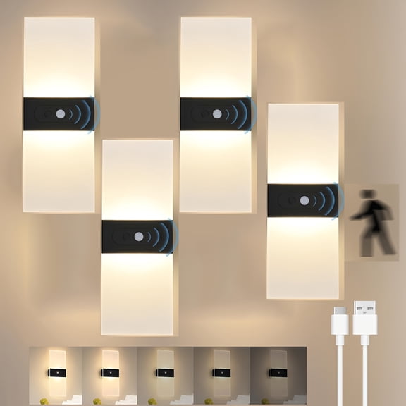 4pcs Wall Sconce Motion Sensor Light Indoor Battery Operated Wall Sconces Rechargeable Cordless LED Energy Saving Small Night Light For Bedroom Hallway Stairway Closet