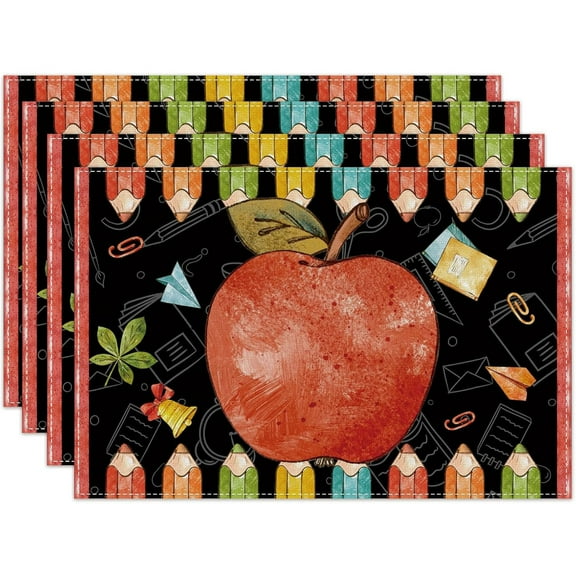 4pcs Watercolor Apple Pencil Back to School Placemats Table Mats Durable Washable Rustic Linen Vintage Placemats for Home Dinner Party Camping Wedding Table Decoration 12 x 18 inches