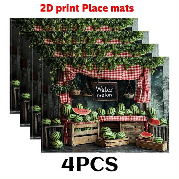 4pcs Watermelon Topic Placemats (2D print)Display of watermelon stalls 12X18in-Durable Table Trivet Mat for Modern Home Decor, Contemporary Kitchens, Table Setting, Modern Dining, Stylish Tableware