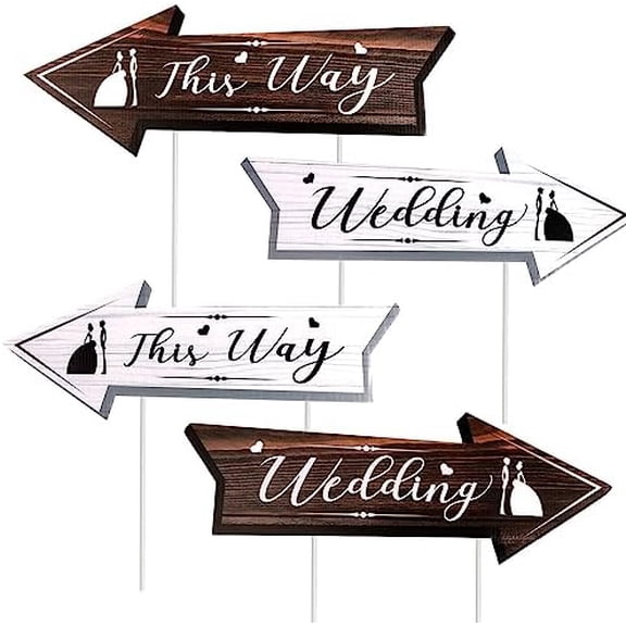 4pcs Wedding Directional Road Sign, 17x6 Inch Wedding Yard Signs with Stakes Double-side Printed  Arrow Waterproof Wedding Signs for Ceremony & Reception Outdoor Road Signs$$Garden & Patio