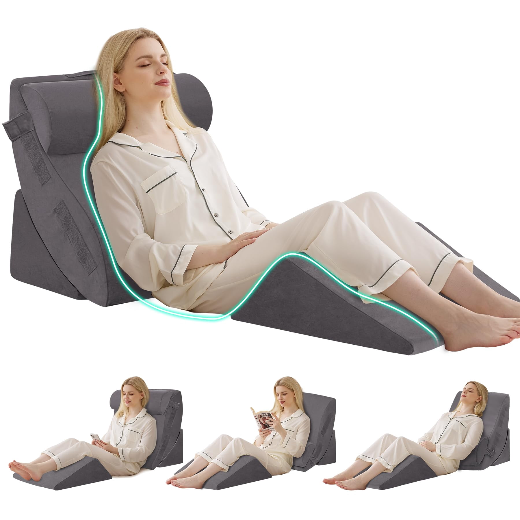 4pcs Wedge Pillow Set For After  Bed Sitting Up In Acid Reflux Adjustable Pillows Grey