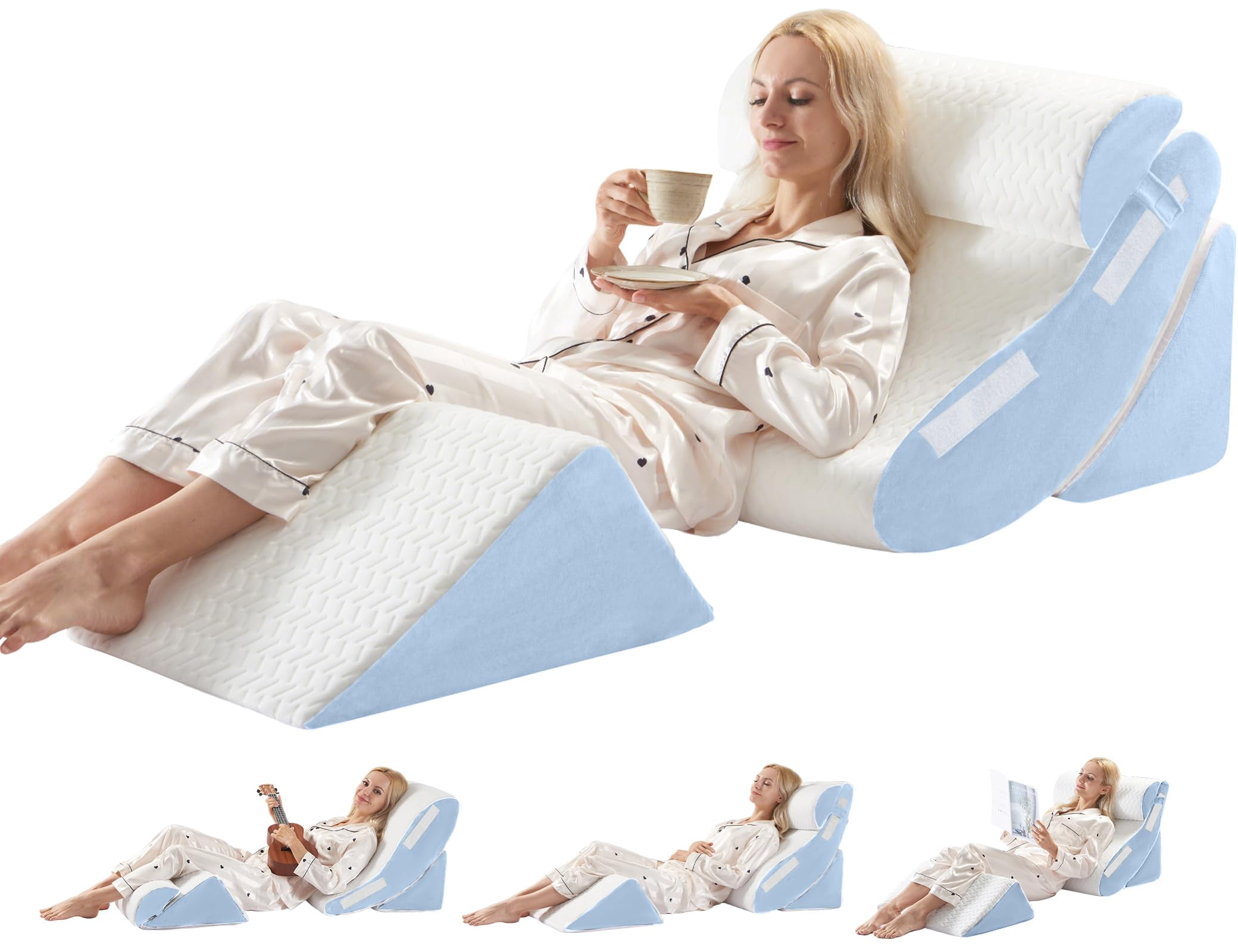 4pcs Wedge Pillow Set For Sleeping - Bed  Adjustable Memory Foam Support Sitting Up In White Blue