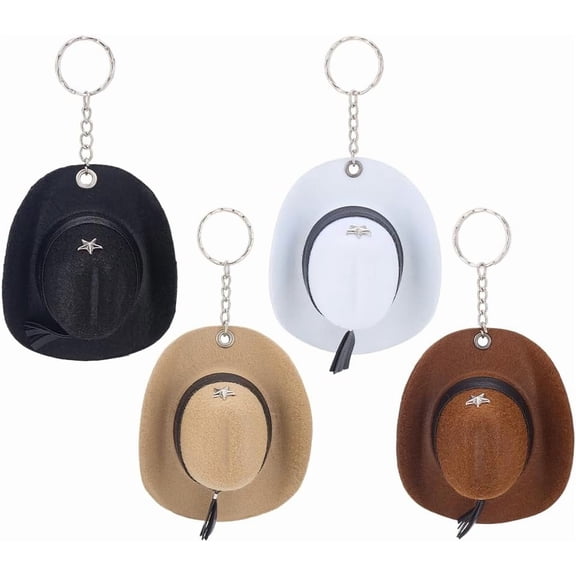 4pcs Western Cowboy Hat Keychain Mini Hats Charm Keyring 4 Colors Soft Polyester Cowgirl Hat Shape Key Chains