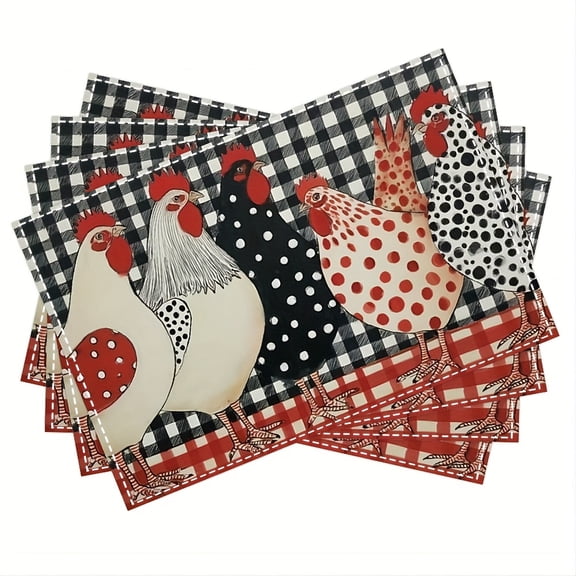 4pcs, Whimsical Acrylic Painting of Polka-Dotted Red-Legged Chickens on Checkered Tablecloth Table Mat for Dining Table Kitchen Home Decor for Dining Table Easy to Clean(Table Placemat) 12X18 Inch