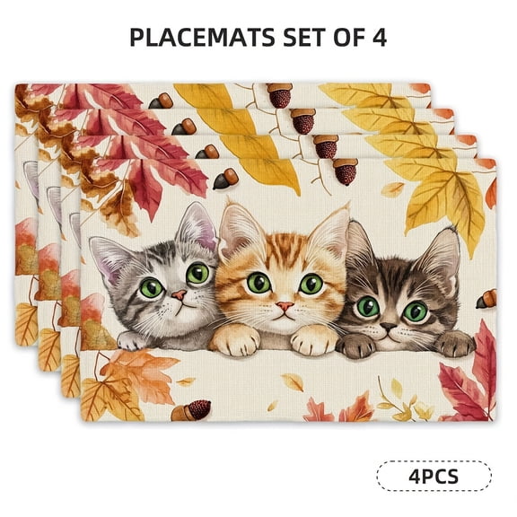 4pcs Whimsical Cats & Autumn Leaves Table Mats - 12x18 Inch Rectangular Placemats with Playful Kitten Design, Perfect for Fall Decor in Home Kitchen, Dining Table Decor | Playful Cat Design