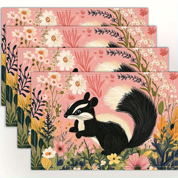 4pcs, Whimsical Floral Skunk Placemats, Fashion Print Pattern Table Mat, for Dining Table, Kitchen, Party, Indoor, Holiday, Dinner Parties And Home Decor 12X18 Inch